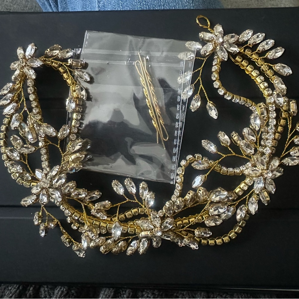 Women Gold Leaf Bride Prom Crystal Pearl Hair Headband band Tiara Fascinator